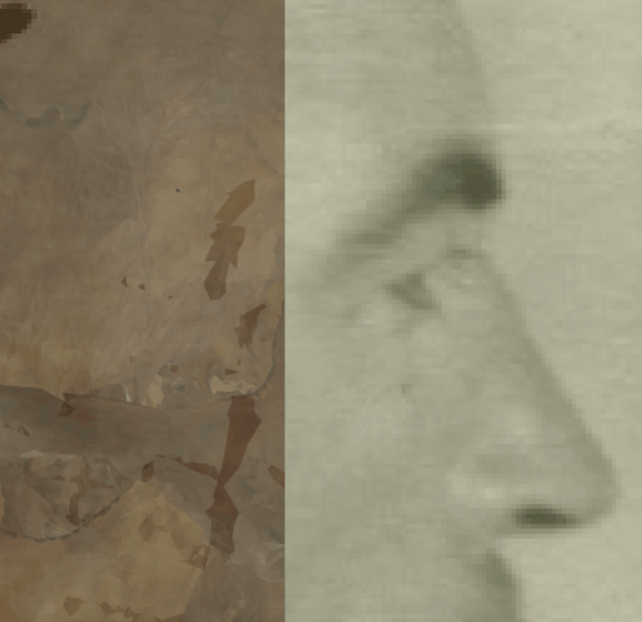 Example of a negative match in which the arcus supraciliaris is evaluated with the transparency and wipe tools, showing that the arcus supraciliaris does not follow the supraorbital margin in a consistent way. The wipe tool has been used to show a gradient from the zygomatic arch to the supraorbital margin showing how the contour of the supraorbital margin protrudes over the arcus superciliaris